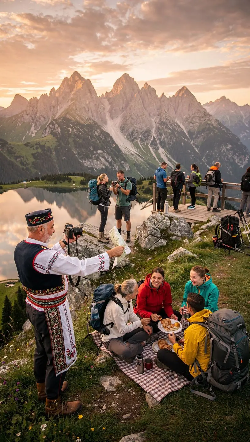 Pohľad na historické centrum slovenského mesta s kamennými uličkami a tradičnou architektúrou. Expozícia v miestnom múzeu zobrazujúca tradičné slovenské remeslá a folklórne predmety. Detailná fotografia ornamentov na drevených dverách renesančnej budovy v kultúrnej oblasti. Turista sledujúci informačné panely o regionálnom dedičstve počas prehliadky kurátorských trás na Slovensku.