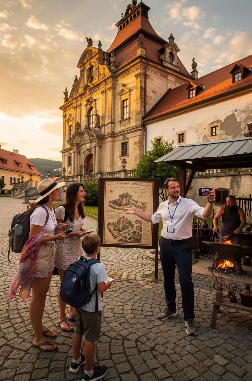 Pohľad na historické centrum slovenského mesta s kamennými uličkami a tradičnou architektúrou. Expozícia v miestnom múzeu zobrazujúca tradičné slovenské remeslá a folklórne predmety. Detailná fotografia ornamentov na drevených dverách renesančnej budovy v kultúrnej oblasti. Turista sledujúci informačné panely o regionálnom dedičstve počas prehliadky kurátorských trás na Slovensku.