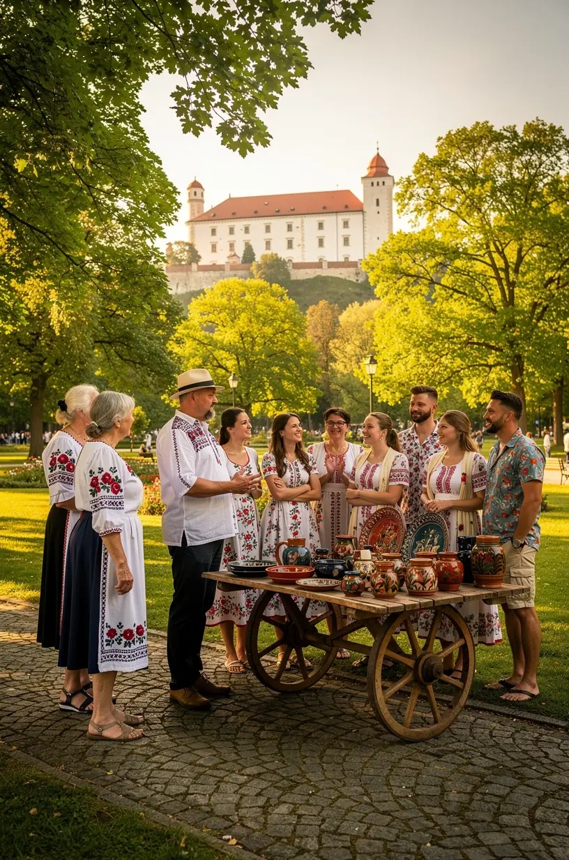Pohľad na historické centrum slovenského mesta s kamennými uličkami a tradičnou architektúrou. Expozícia v miestnom múzeu zobrazujúca tradičné slovenské remeslá a folklórne predmety. Detailná fotografia ornamentov na drevených dverách renesančnej budovy v kultúrnej oblasti. Turista sledujúci informačné panely o regionálnom dedičstve počas prehliadky kurátorských trás na Slovensku.