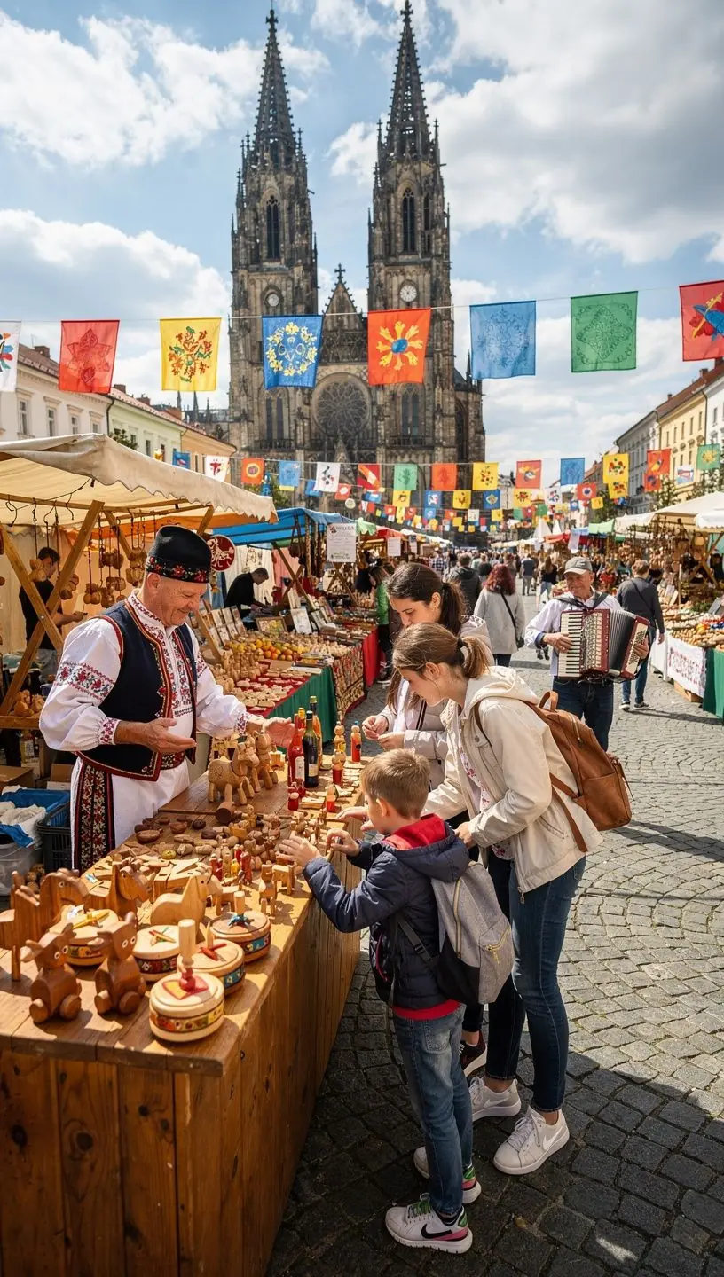Pohľad na historické centrum slovenského mesta s kamennými uličkami a tradičnou architektúrou. Expozícia v miestnom múzeu zobrazujúca tradičné slovenské remeslá a folklórne predmety. Detailná fotografia ornamentov na drevených dverách renesančnej budovy v kultúrnej oblasti. Turista sledujúci informačné panely o regionálnom dedičstve počas prehliadky kurátorských trás na Slovensku.